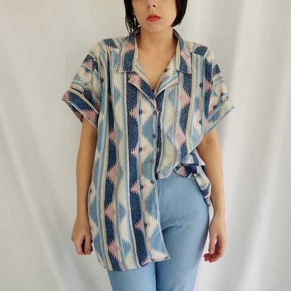 Vintage Tops - 80s Blue and Pink Southwest Inspired‎ Shirt